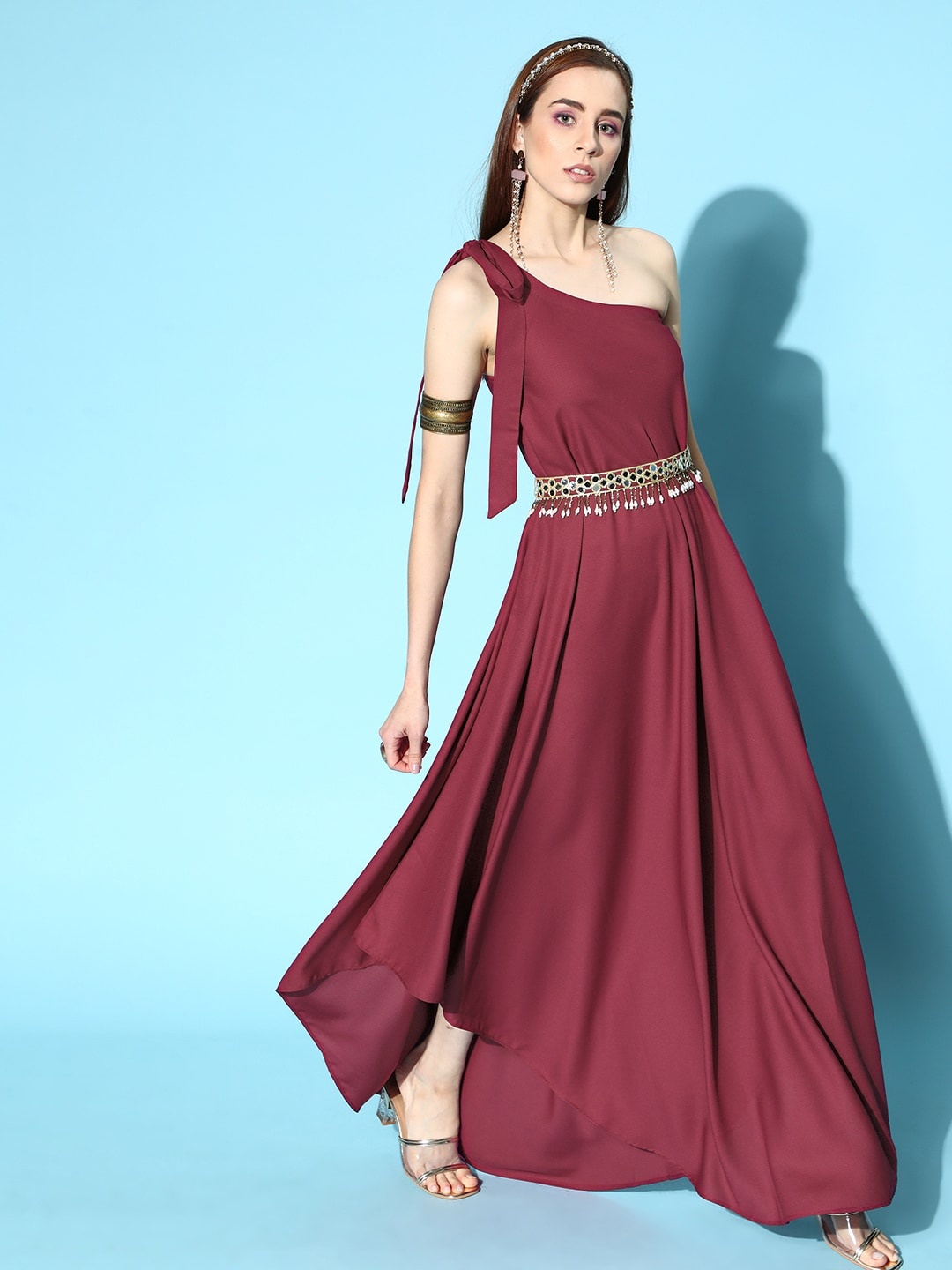 

Inddus Women Charming Maroon Solid One-Shoulder Dress with Embellished Belt