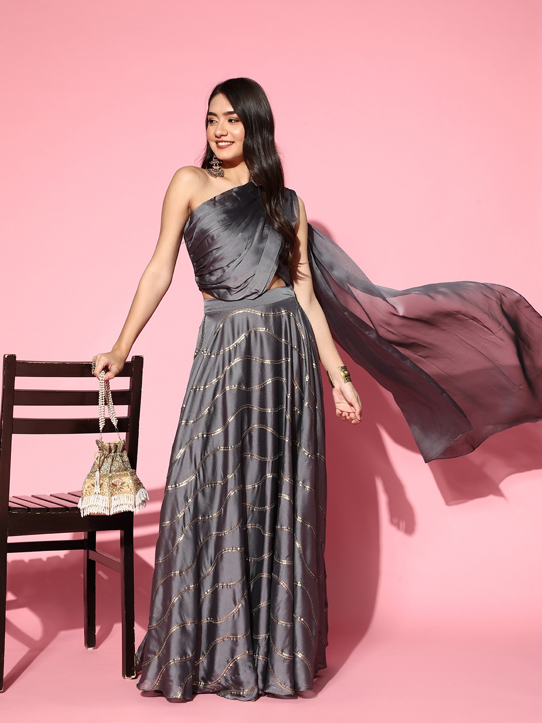 

Inddus Women Alluring Grey Solid Top with Embellished Skirt