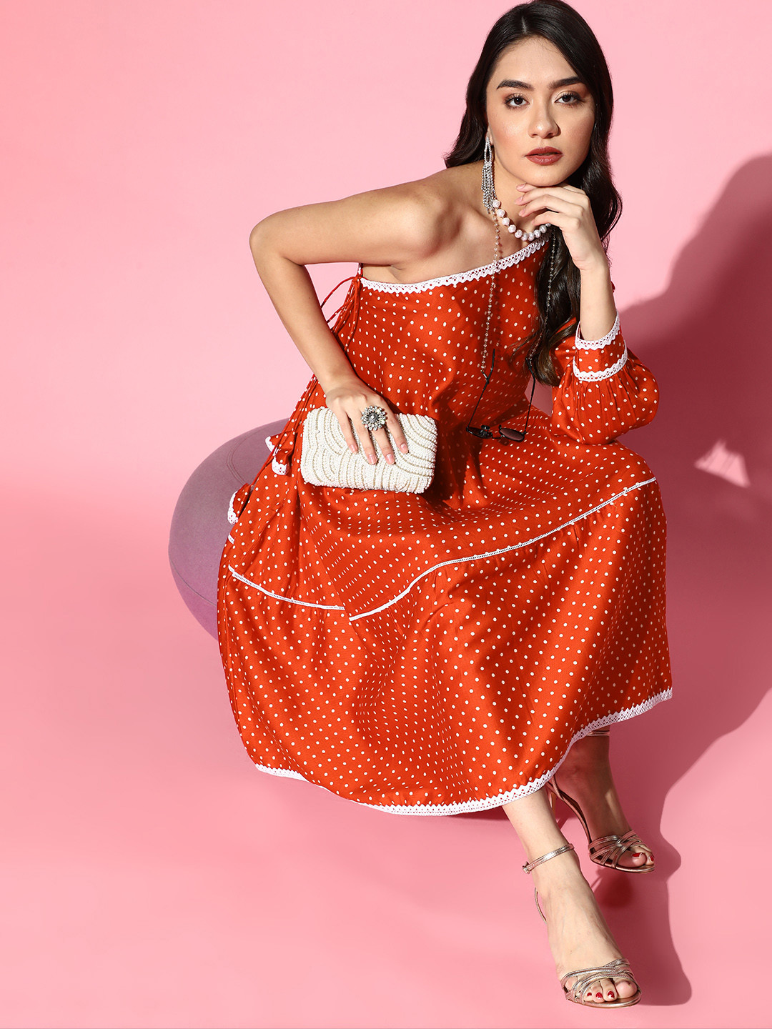 

Inddus Women Chic Rust Polka-Dotted One-Shoulder Dress