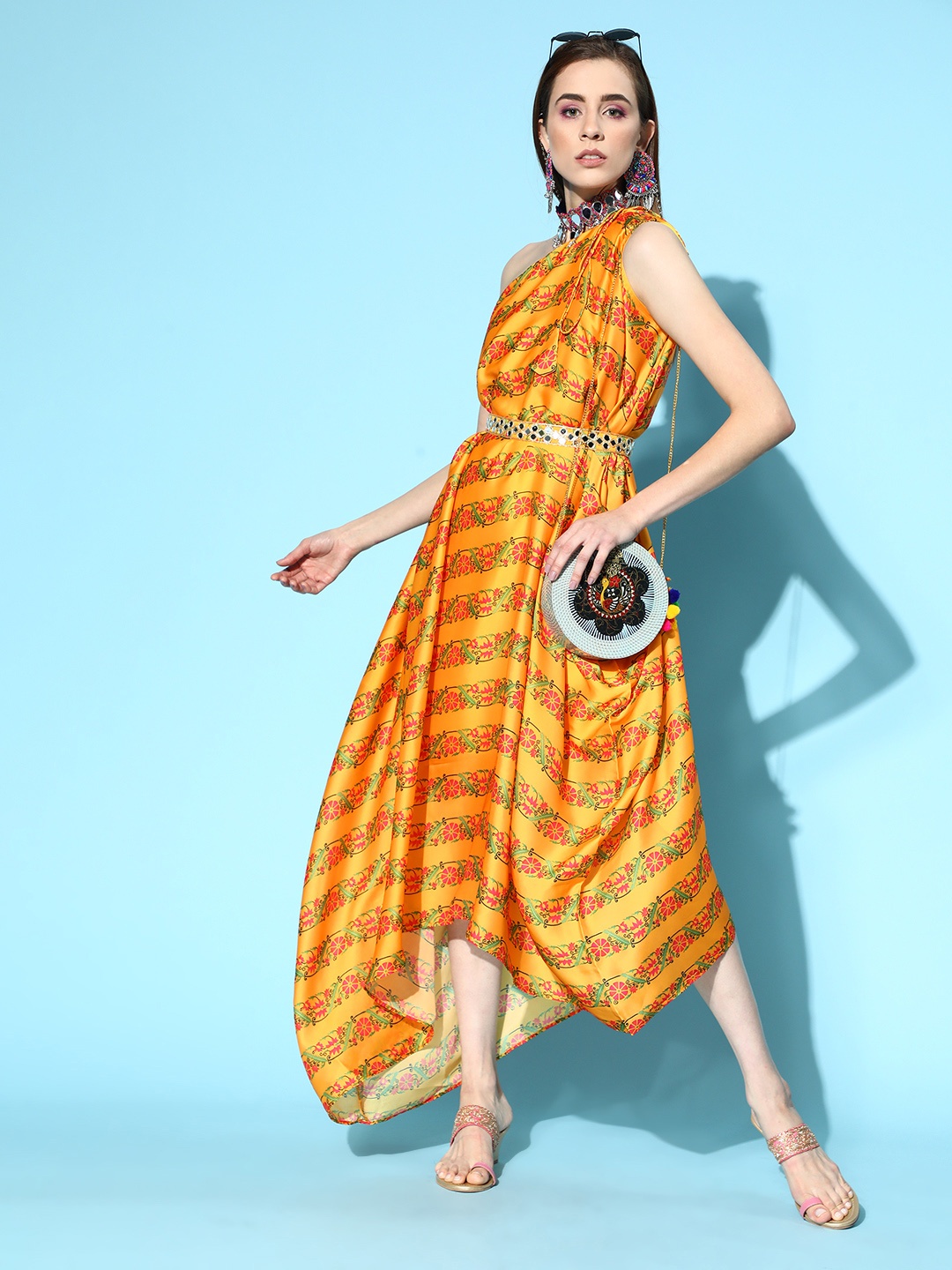

Inddus Women Mustard Yellow Floral Printed One-Shoulder Dress with Embellished Belt