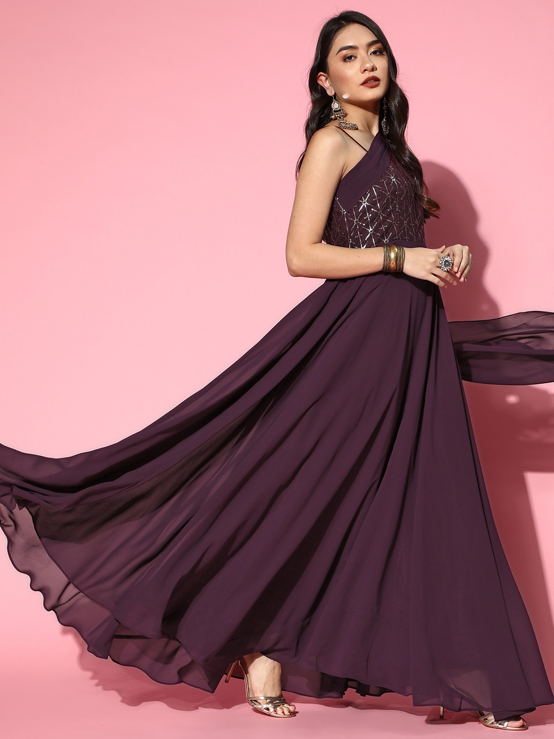 

Inddus Women Deep Burgundy Sequins Embroidered Maxi Dress with Draped Dupatta