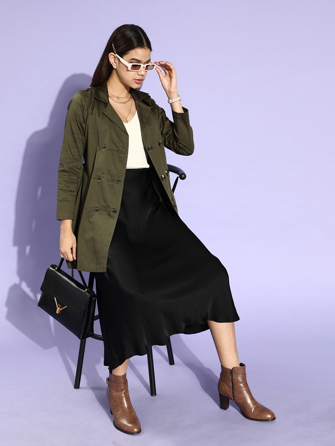 

Style Quotient Women Olive Green Solid Double Breasted Trench Coat