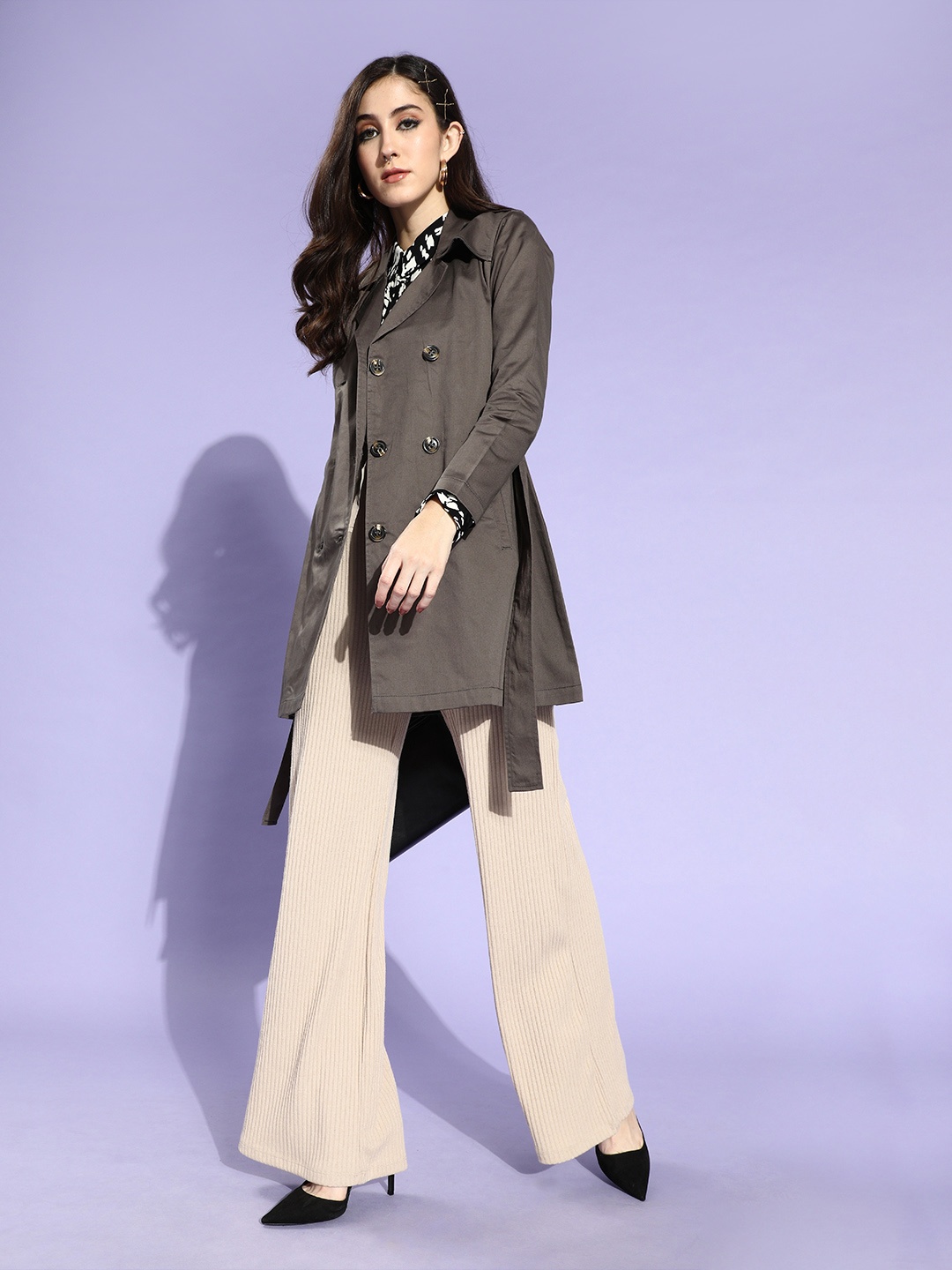 

Style Quotient Women Grey Solid Double Breasted Trench Coat