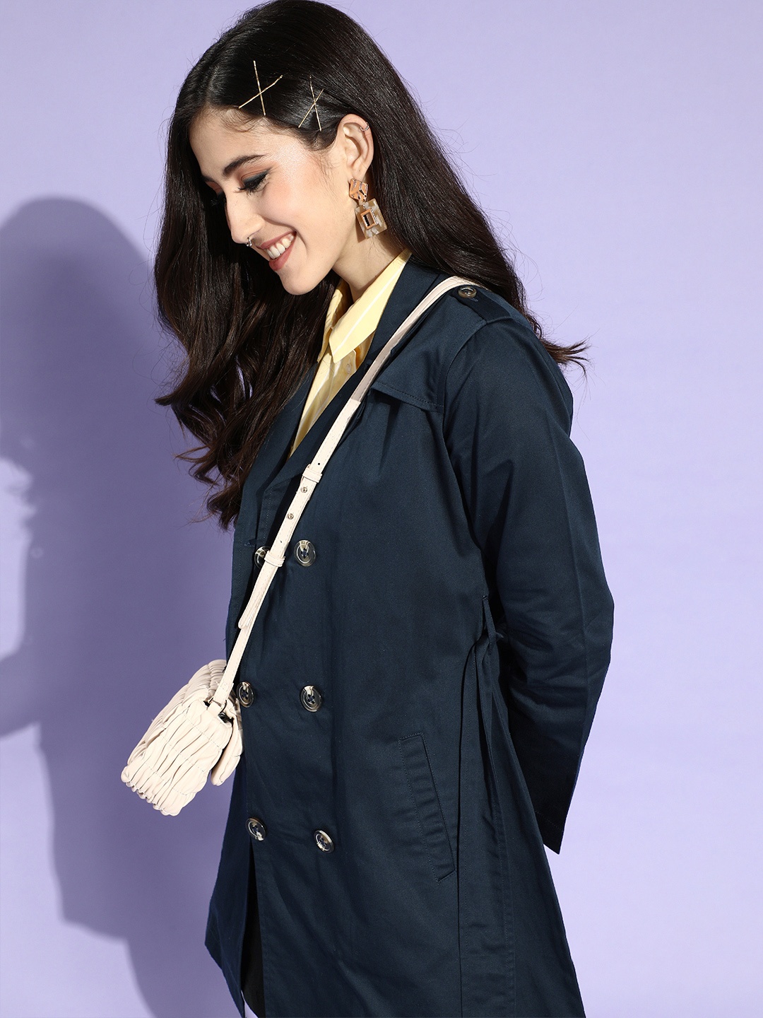 

Style Quotient Women Navy Blue Solid Double Breasted Trench Coat