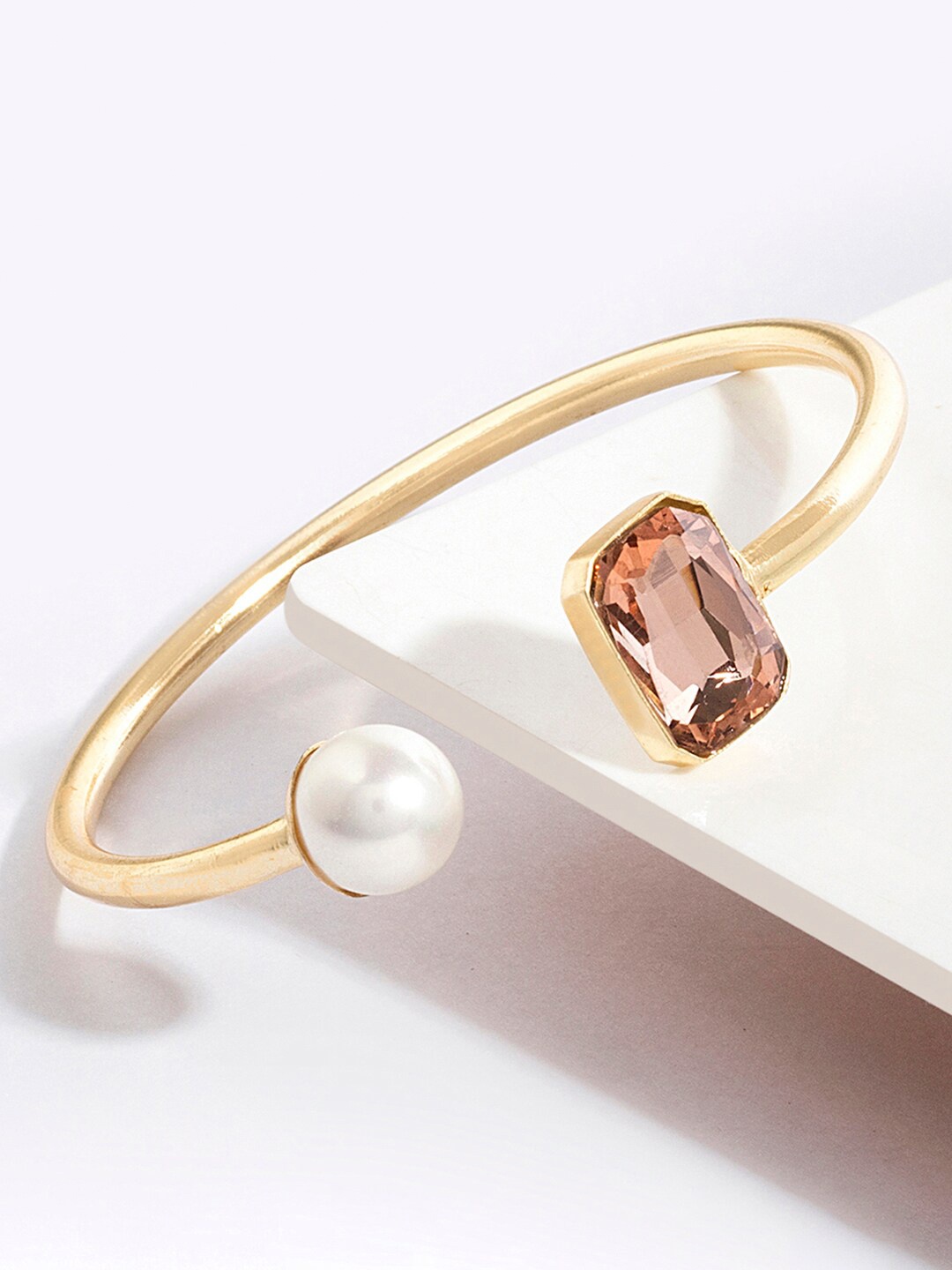 

March by FableStreet Women Gold & Brown Brass Crystals & Pearl Gold-Plated Cuff Bracelet