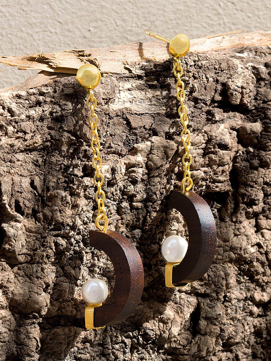 

Mikoto by FableStreet Gold-Toned & Plated Recycled Wood Pearl Contemporary Drop Earrings