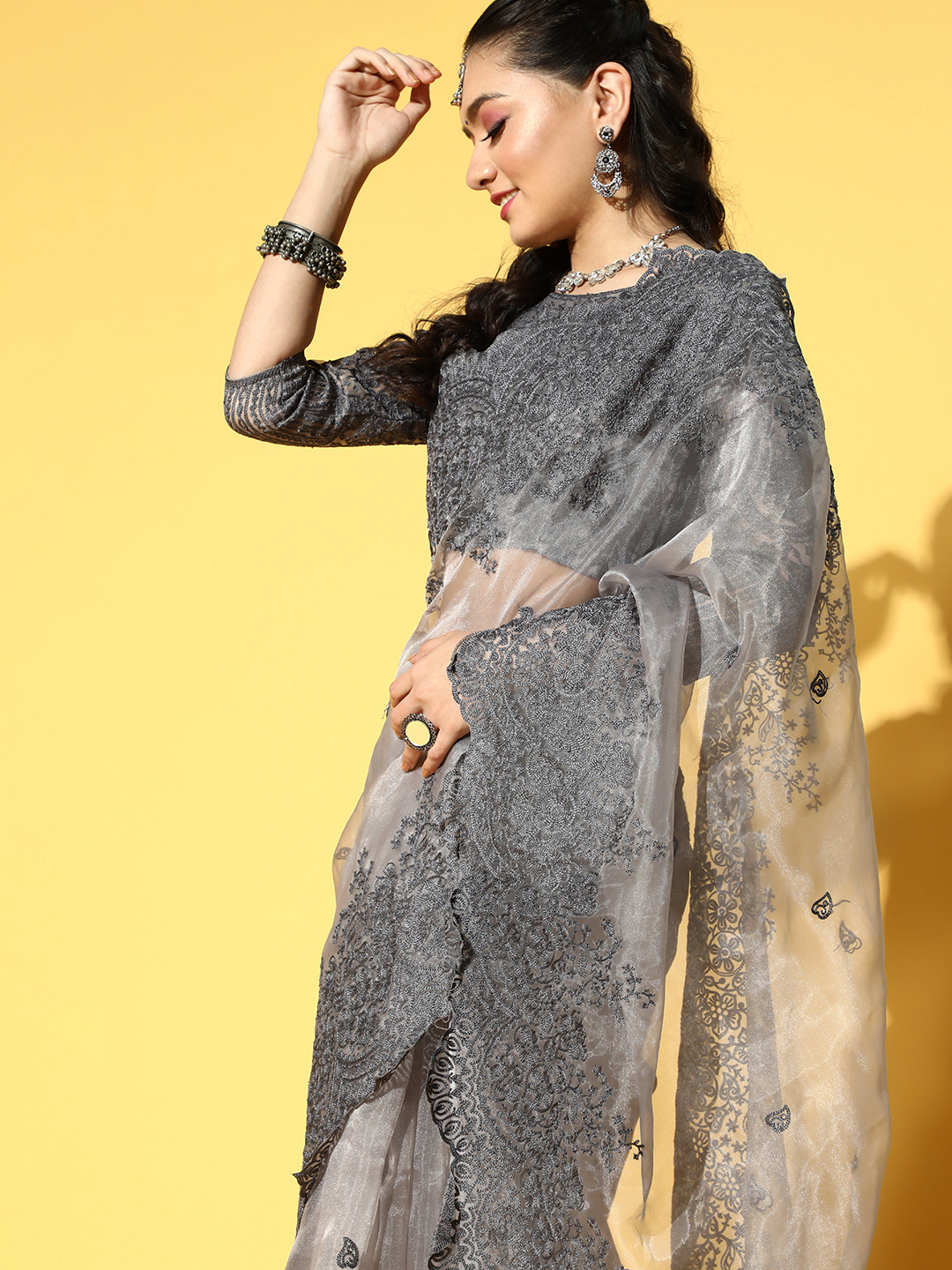 

Mitera Grey Ethnic Motifs Embroidered Organza Saree