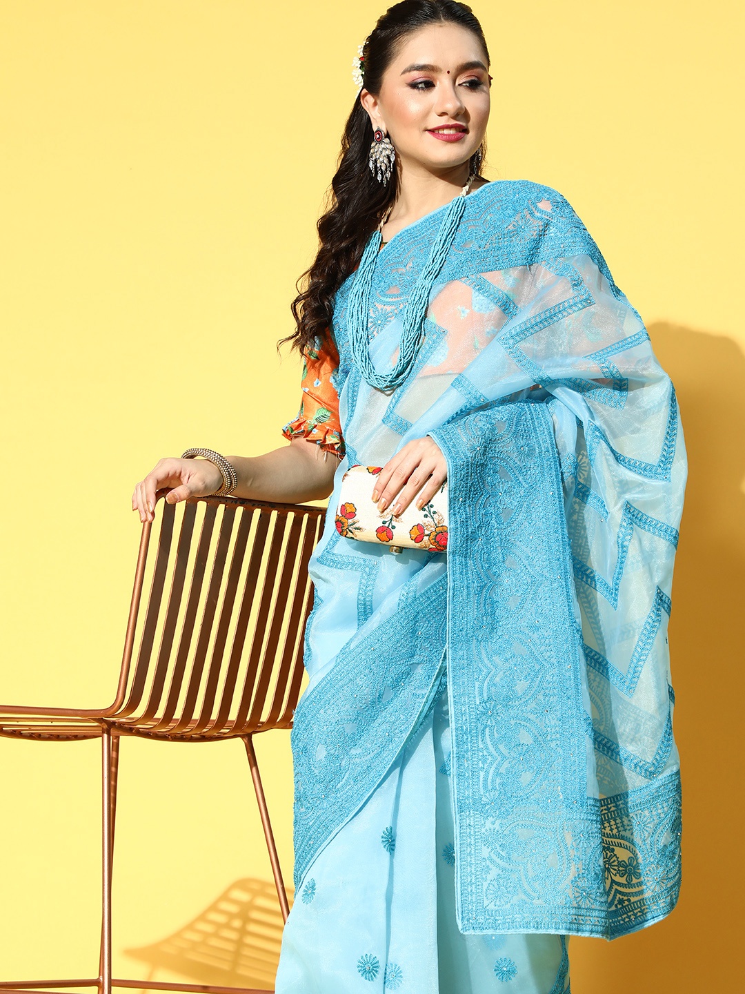 

Mitera Striped Organza Saree with Embroidered Border, Blue