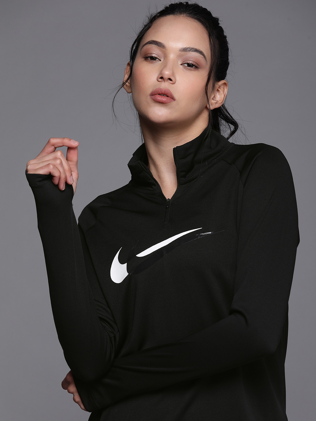 

Nike Women Black Brand Logo Printed High Neck Dri-FIT Running T-shirt