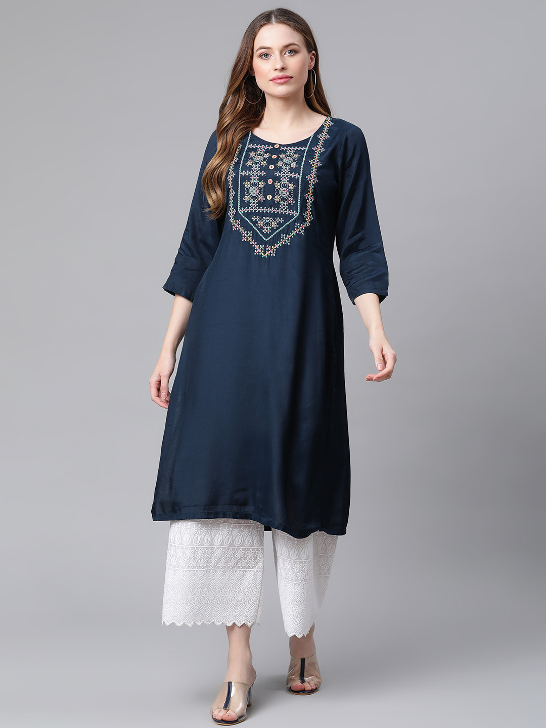 

Rangriti Women Navy Blue Yoke Design Embroidered Kurta