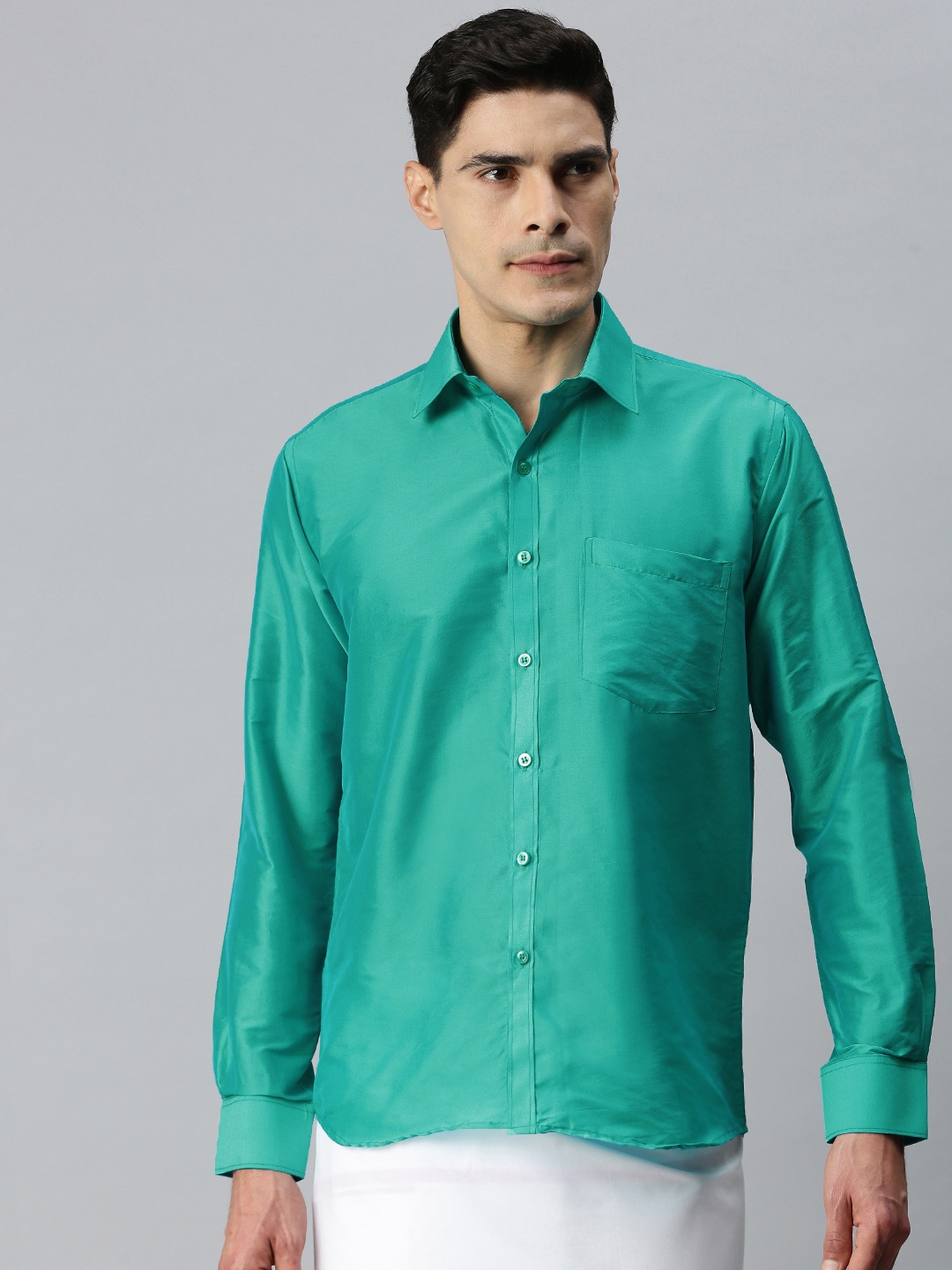 

INDIAN WOOTZ Men Turquoise Blue Art Silk Shirt