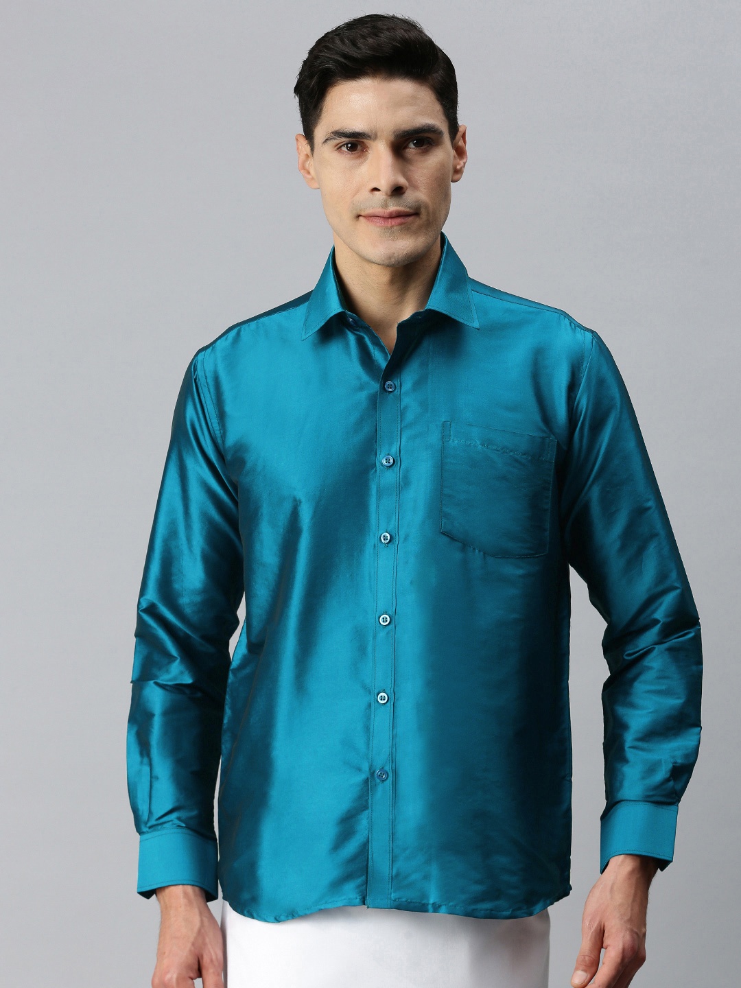 

INDIAN WOOTZ Men Teal Blue Party Shirt
