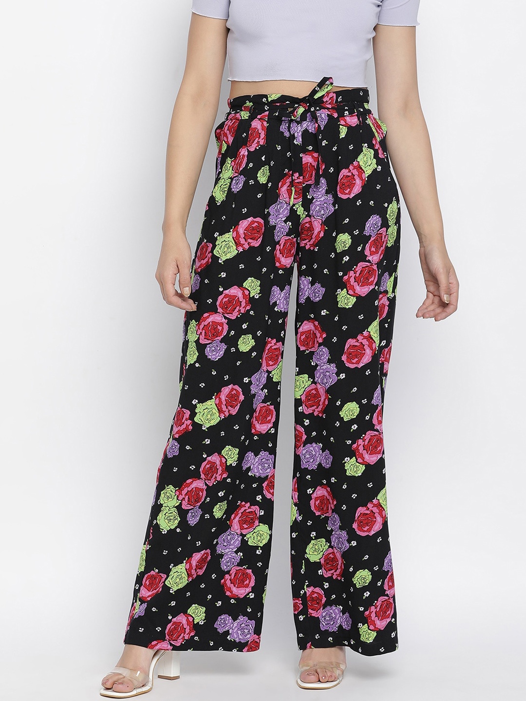 

Oxolloxo Women Black Floral Printed Parallel Trousers
