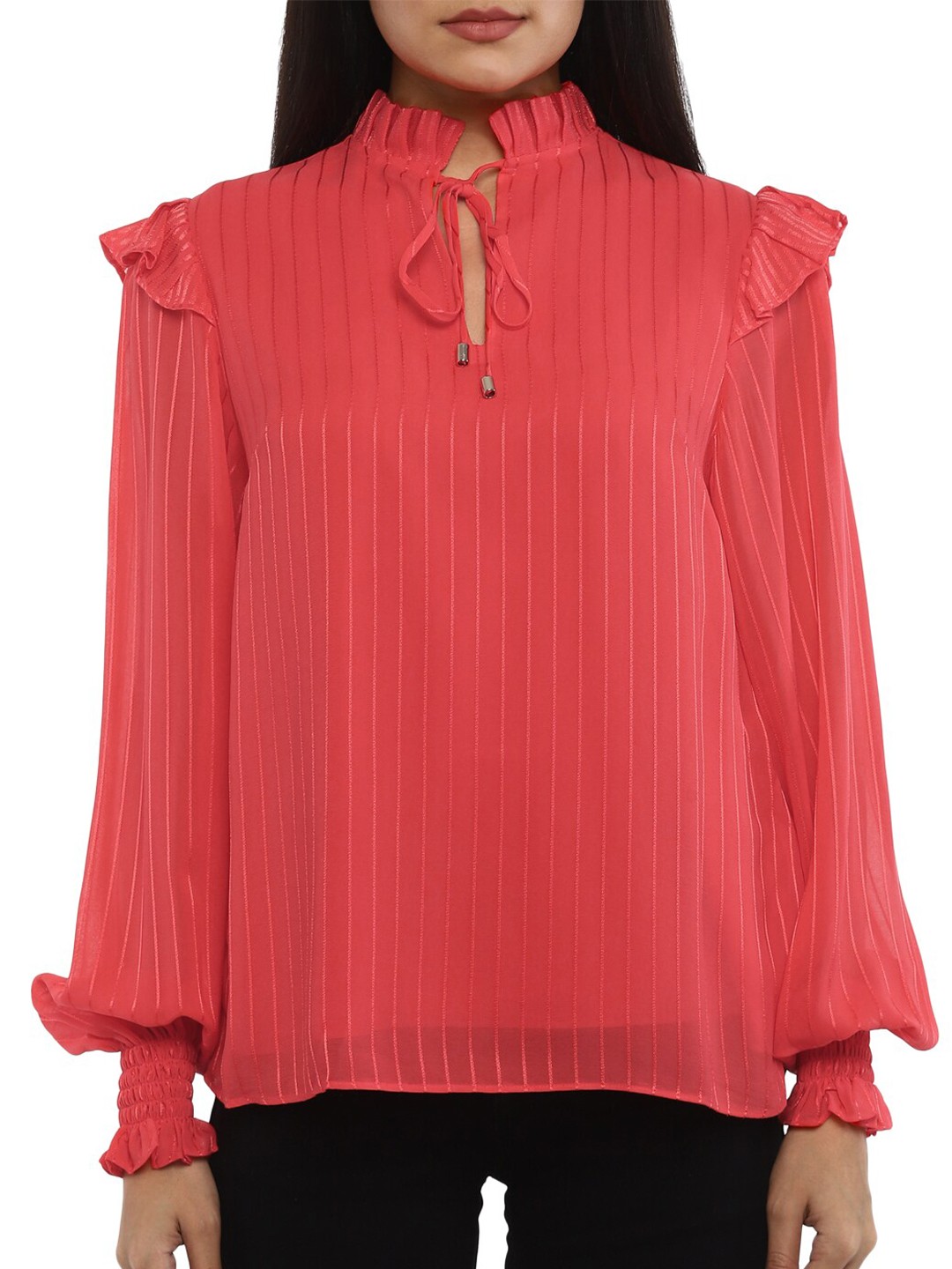 

Ted Baker Pink Striped Regular Frill High Neck Regular Top