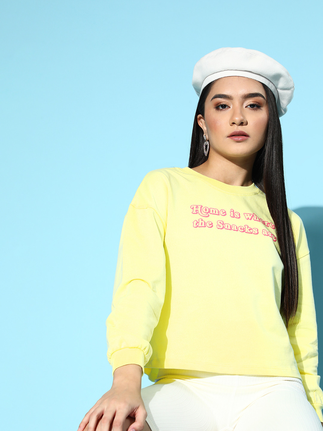 

COVER STORY Women Yellow Typography Knitted Sweatshirt
