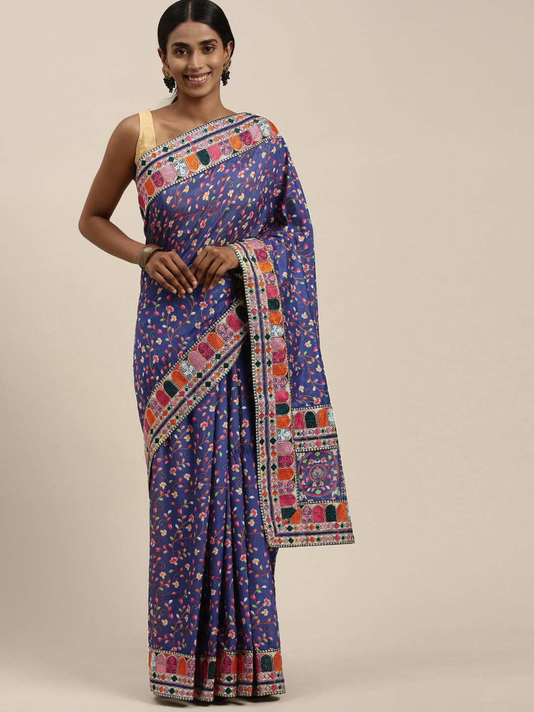 

Mitera Blue & Red Floral Printed Embroidered Silk Blend Saree