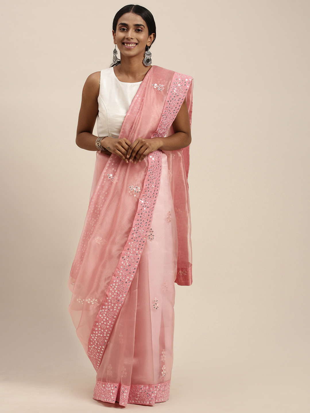 

Mitera Pink Floral Sequinned Embellished Organza Saree