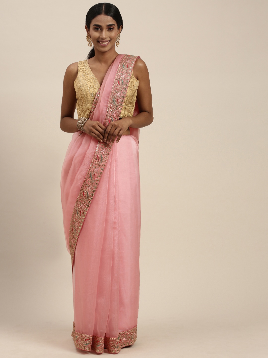 

Mitera Pink Sequinned Embroidered Border Organza Saree