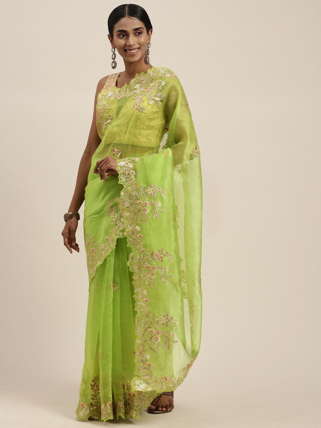 

Mitera Green Floral Embroidered Sequinned Organza Saree