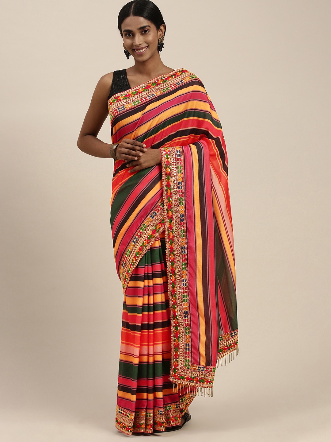 

Mitera Red & Yellow Striped Sequinned Silk Blend Saree