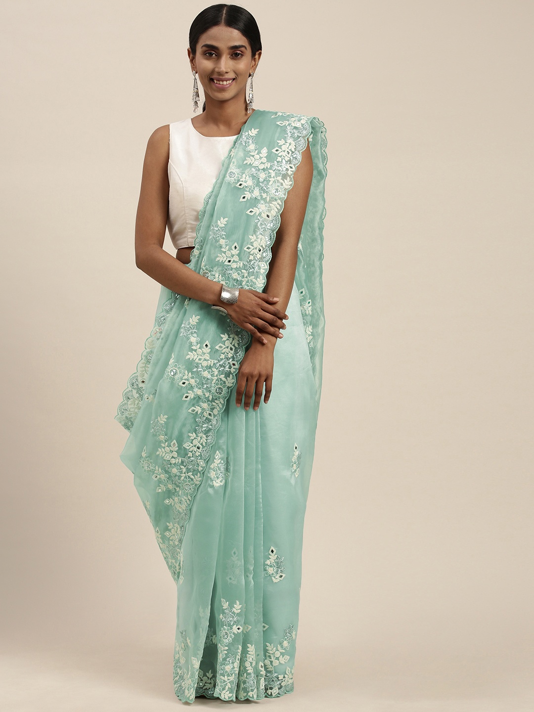 

Mitera Turquoise Blue & Grey Floral Zardozi Silk Blend Mirror Work Saree