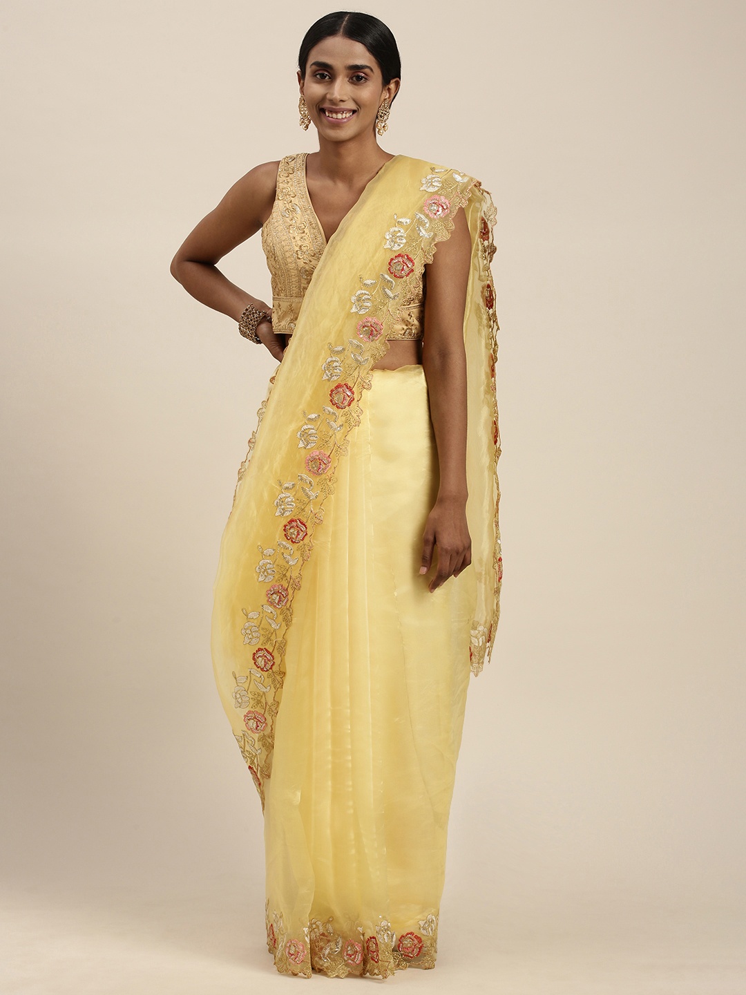 

Mitera Yellow Floral Embroidered Border Sequinned Organza Saree