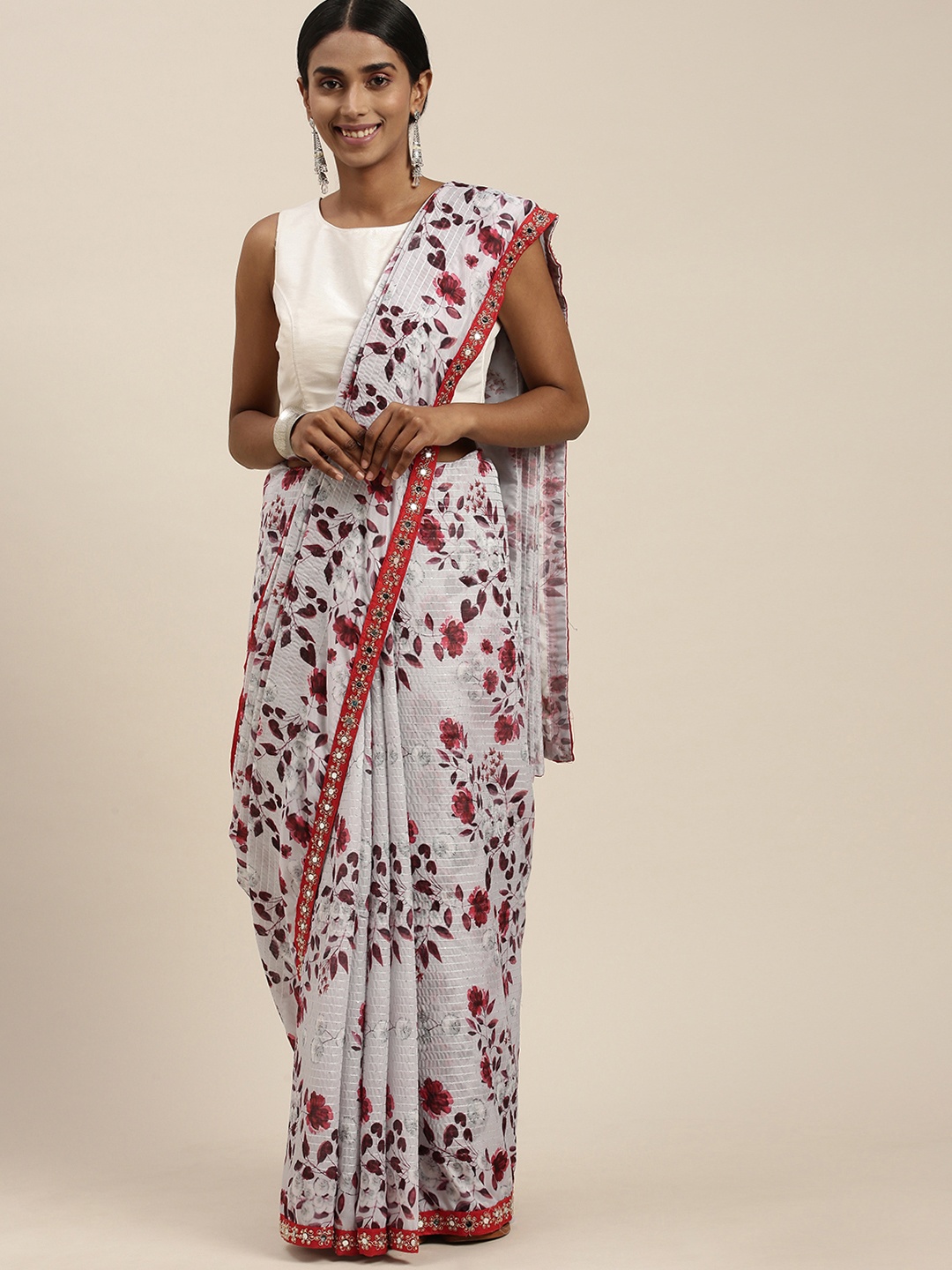 

Mitera Blue & Red Floral Sequinned Organza Saree