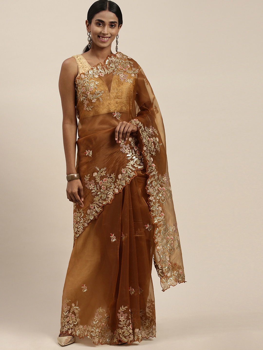

Mitera Gold-Toned Floral Embroidered Sequinned Organza Saree