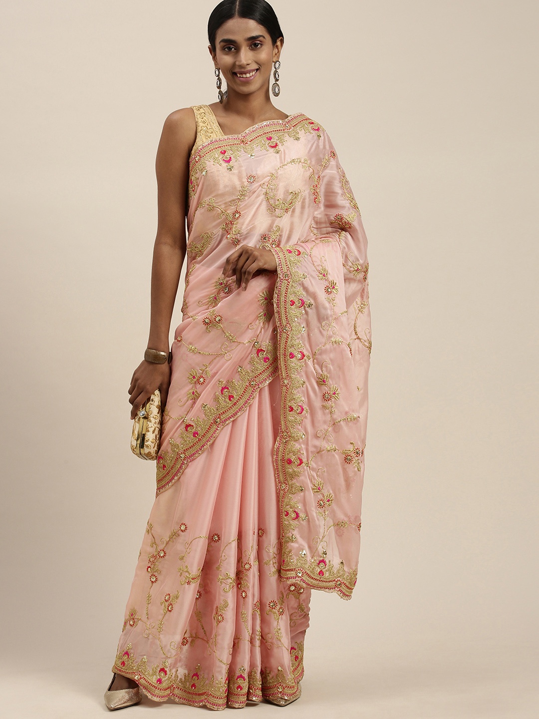 

Mitera Pink Floral Embroidered Sequinned Silk Blend Saree