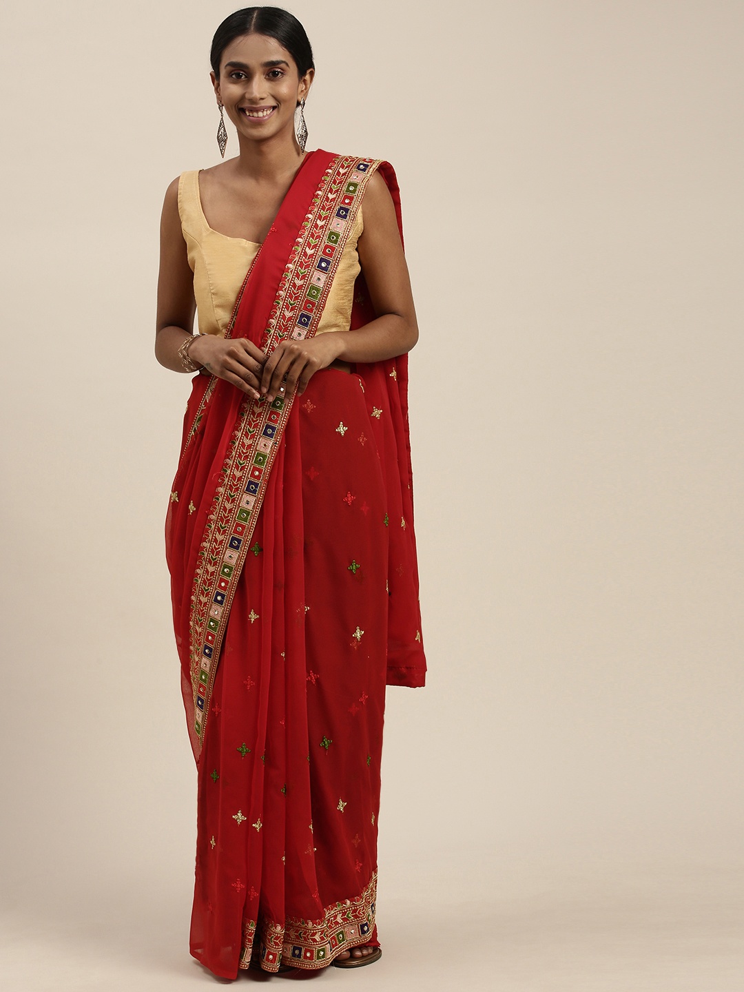 

Mitera Red & Green Ethnic Motifs Mirror Work Pure Georgette Saree