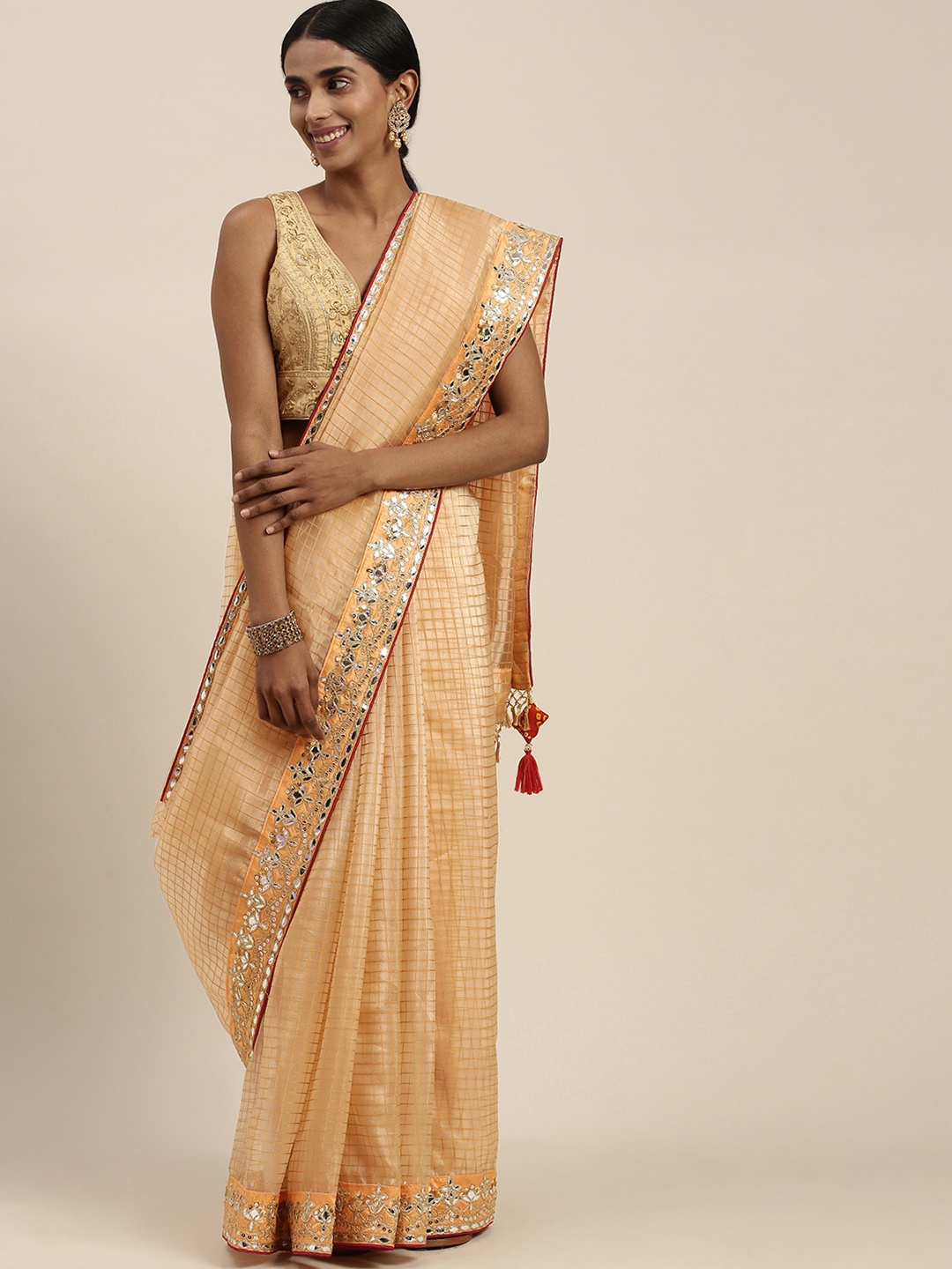 

Mitera Peach-Coloured Checked Sequinned Organza Saree