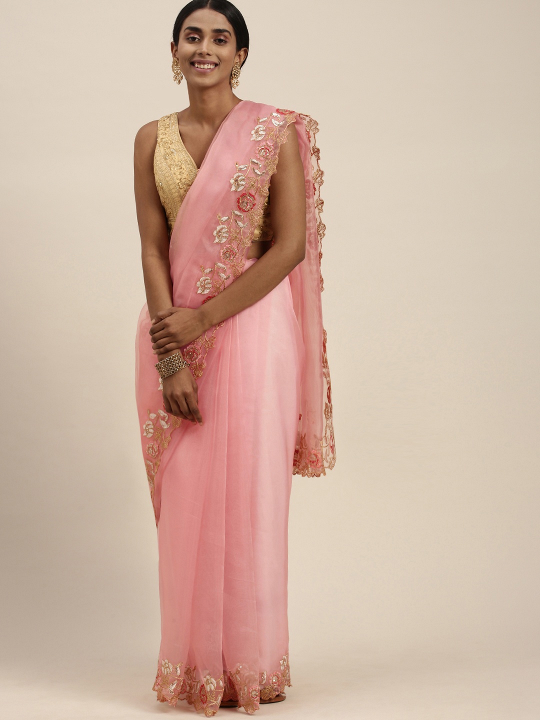 

Mitera Pink Floral Embroidered Border Sequinned Organza Saree