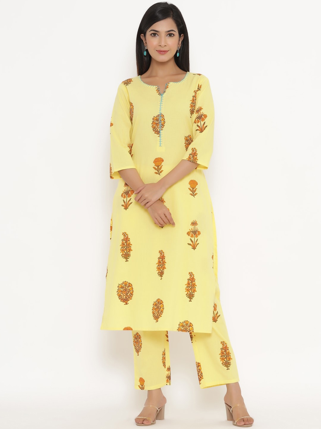 

Fabriko Women Yellow Floral Printed Regular Pure Cotton Kurta with Trousers