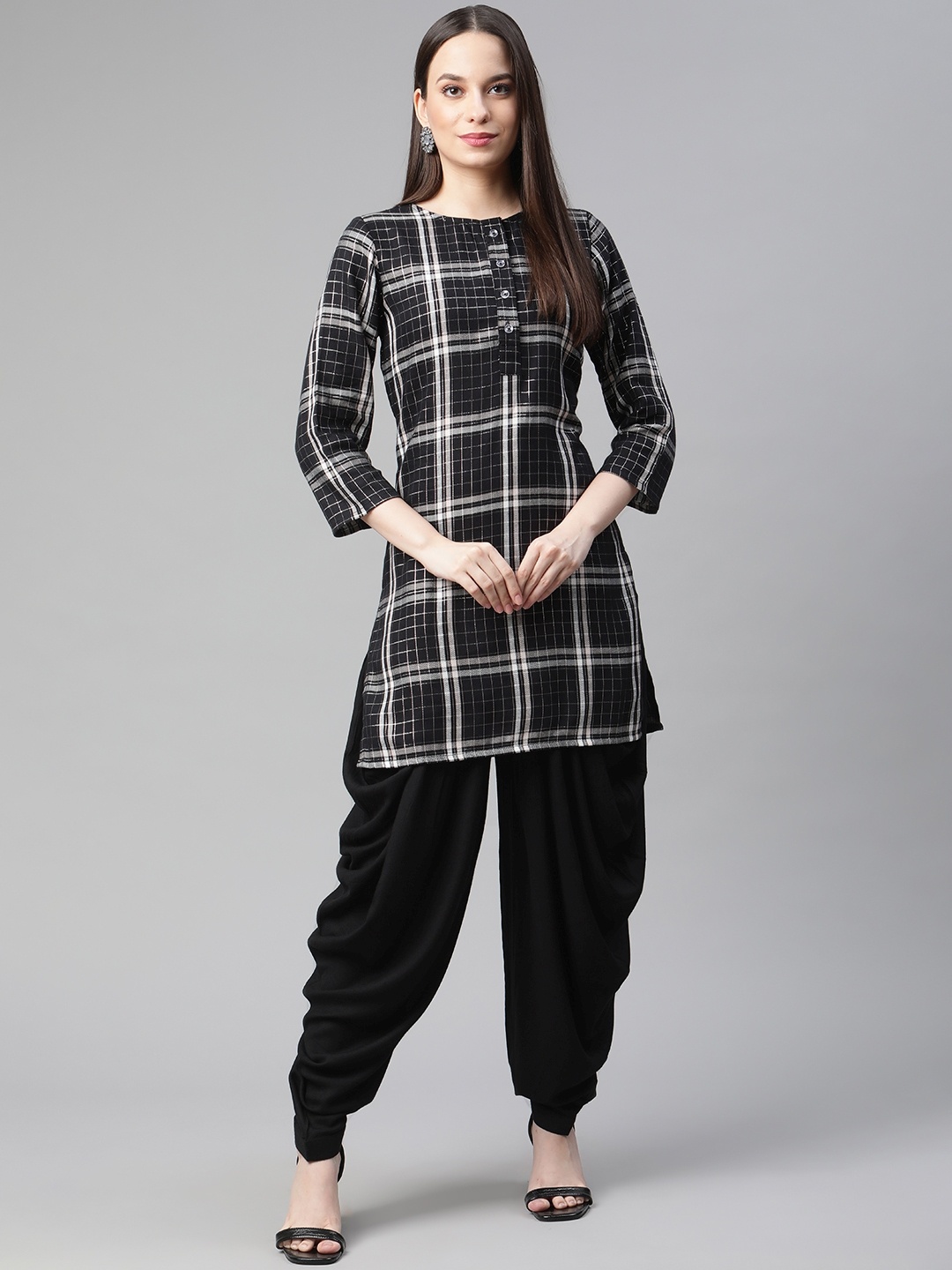 

Cottinfab Women Black and White Regular Pure Cotton Kurta with Dhoti Pants