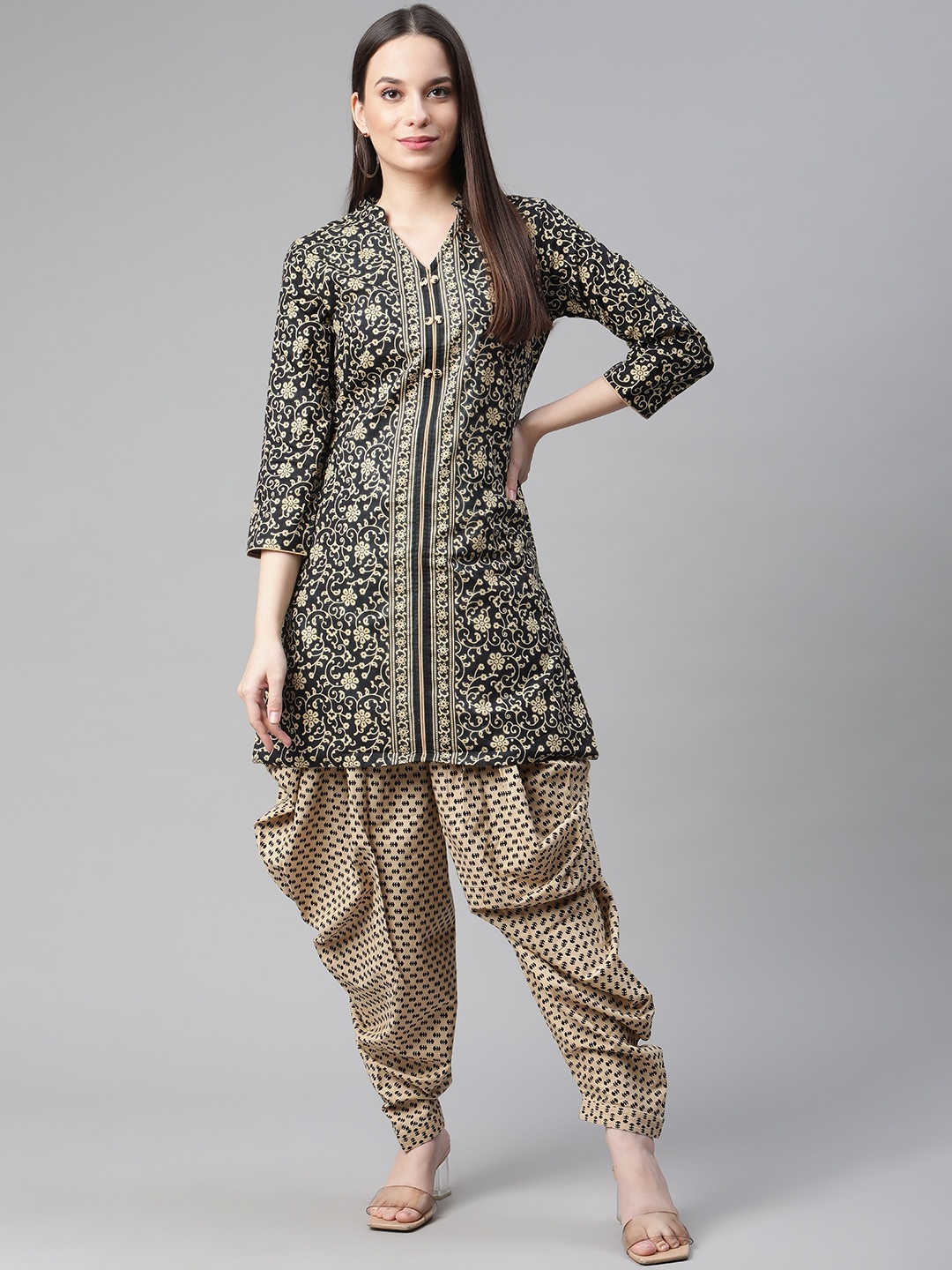 

Cottinfab Women Beige Floral Printed Regular Pure Cotton Kurti with Dhoti Pants