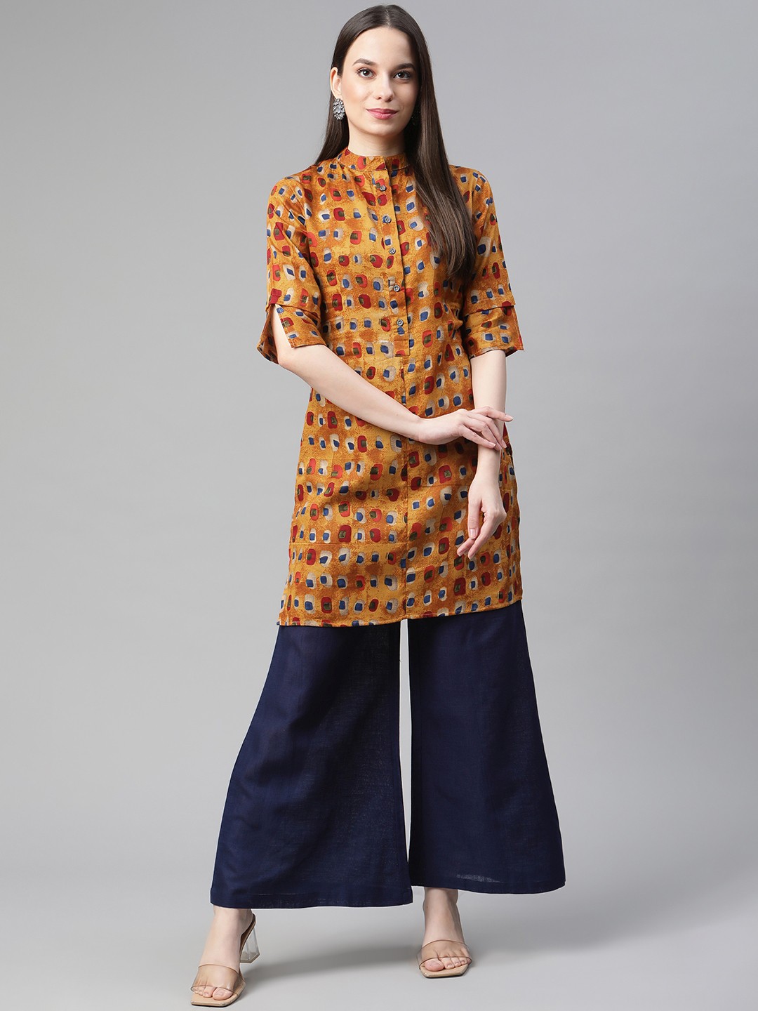

Cottinfab Women Mustard Yellow Printed Regular Pure Cotton Kurti with Palazzos