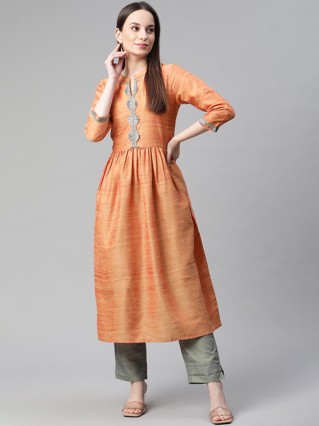 

Cottinfab Women Peach-Coloured Pleated Dupion Silk Kurta with Trousers