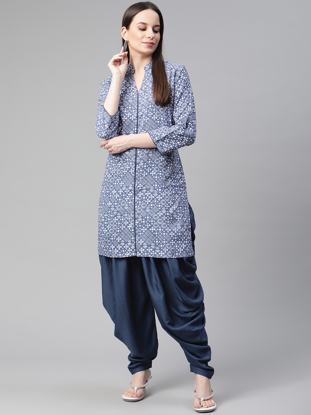 

Cottinfab Women Blue Printed Regular Pure Cotton Kurti with Dhoti Pants