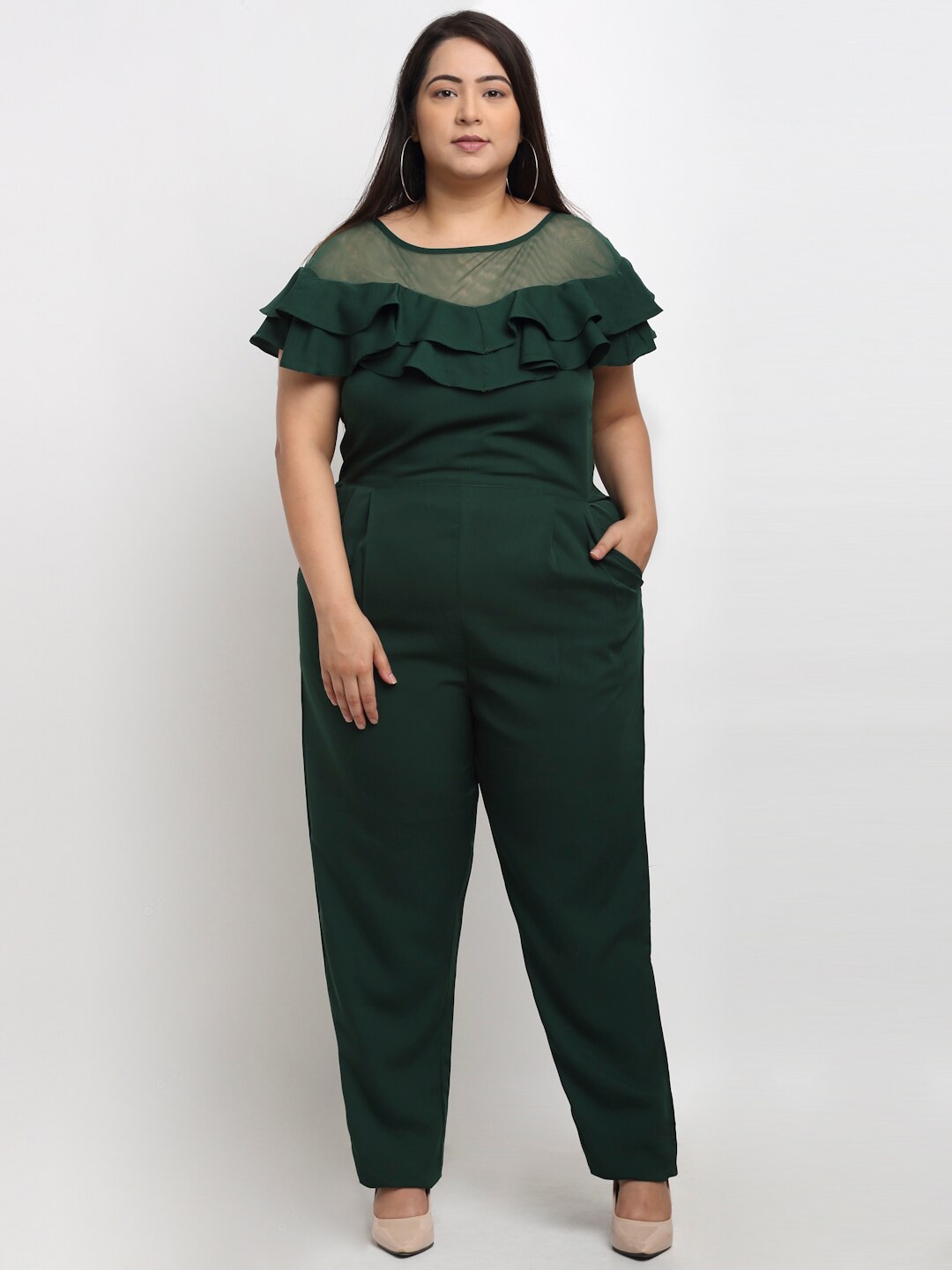 

Flambeur Women Green Solid Jumpsuit with Ruffles