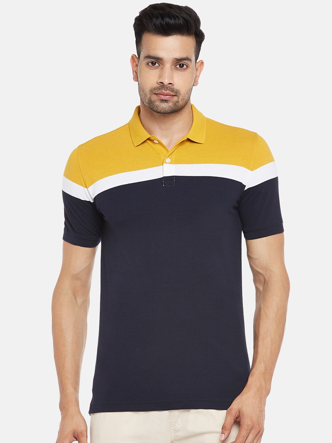 

BYFORD by Pantaloons Men Yellow & Navy Blue Colourblocked Polo Collar Slim Fit T-shirt