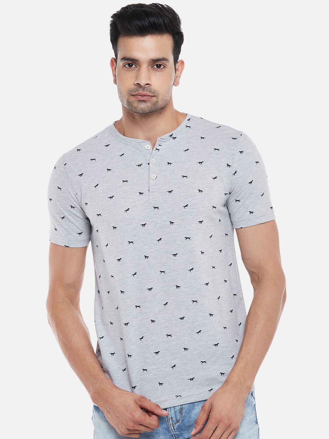 

BYFORD by Pantaloons Men Grey Melange Printed Slim Fit T-shirt