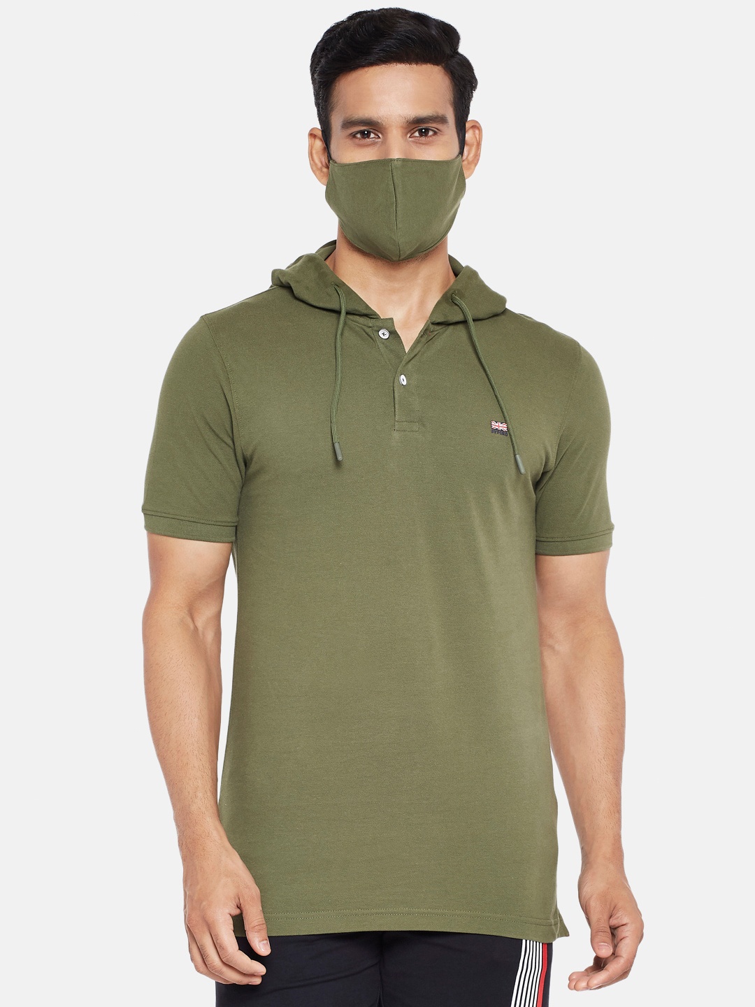 

BYFORD by Pantaloons Men Olive Green Slim Fit Pure Cotton T-shirt with Mask