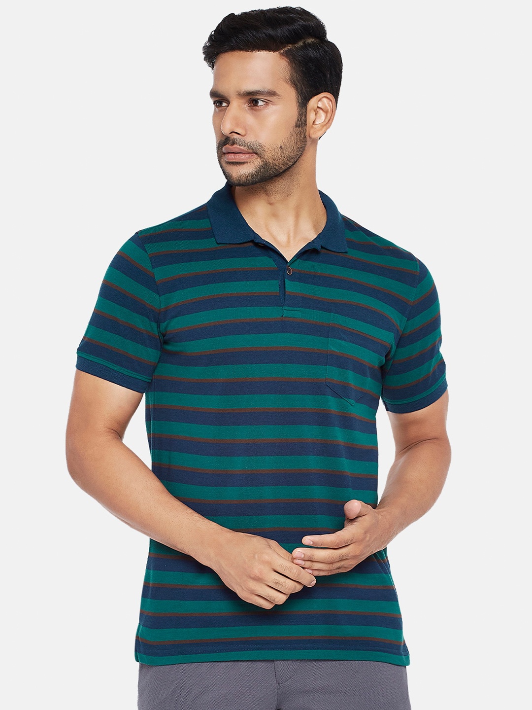 

BYFORD by Pantaloons Men Green Striped Polo Collar Slim Fit T-shirt