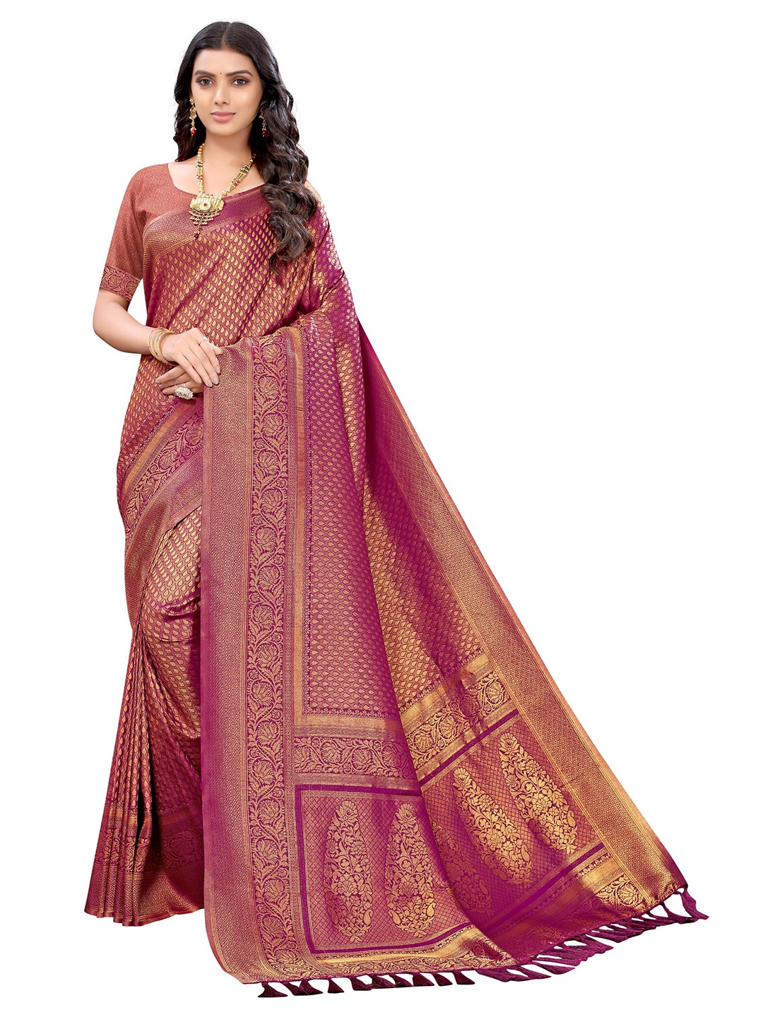 

Nimayaa Purple & Gold Ethnic Motifs Zari Silk Blend Mangalagiri Saree