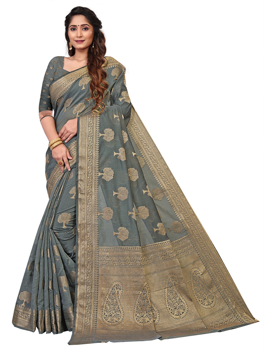 

Nimayaa Grey & Gold-Toned Woven Design Zari Banarasi Saree