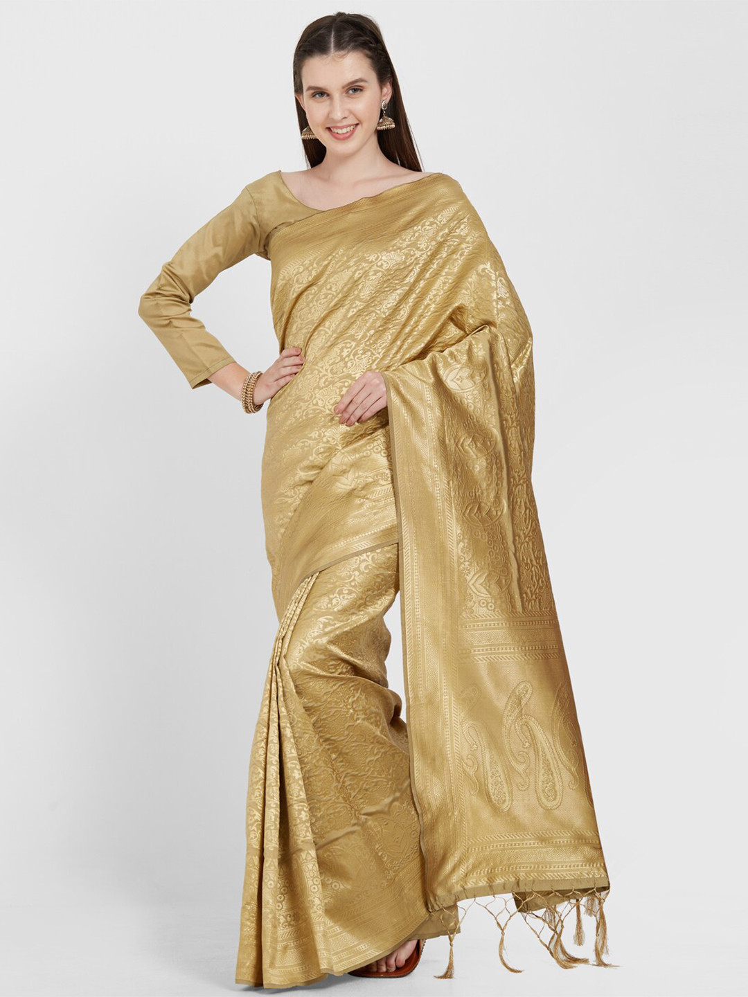 

Nimayaa Gold-Toned Woven Design Zari Silk Blend Heavy Work Saree