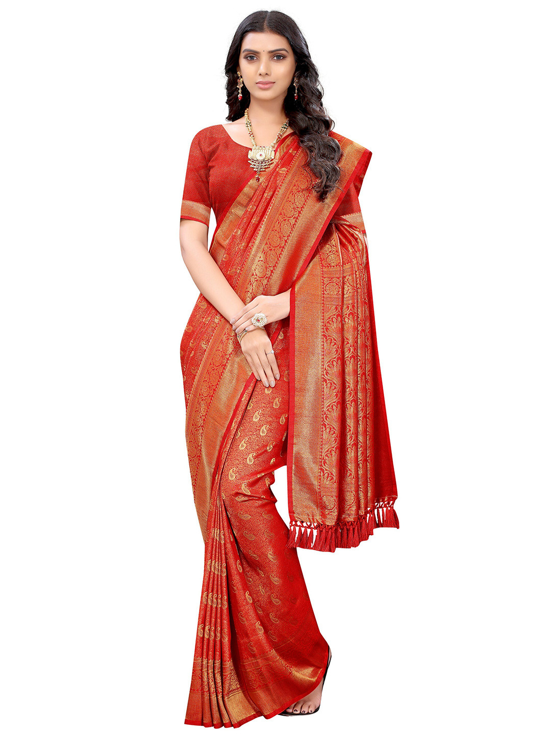 

Nimayaa Red & Gold-Toned Woven Design Zari Silk Blend Mangalagiri Saree