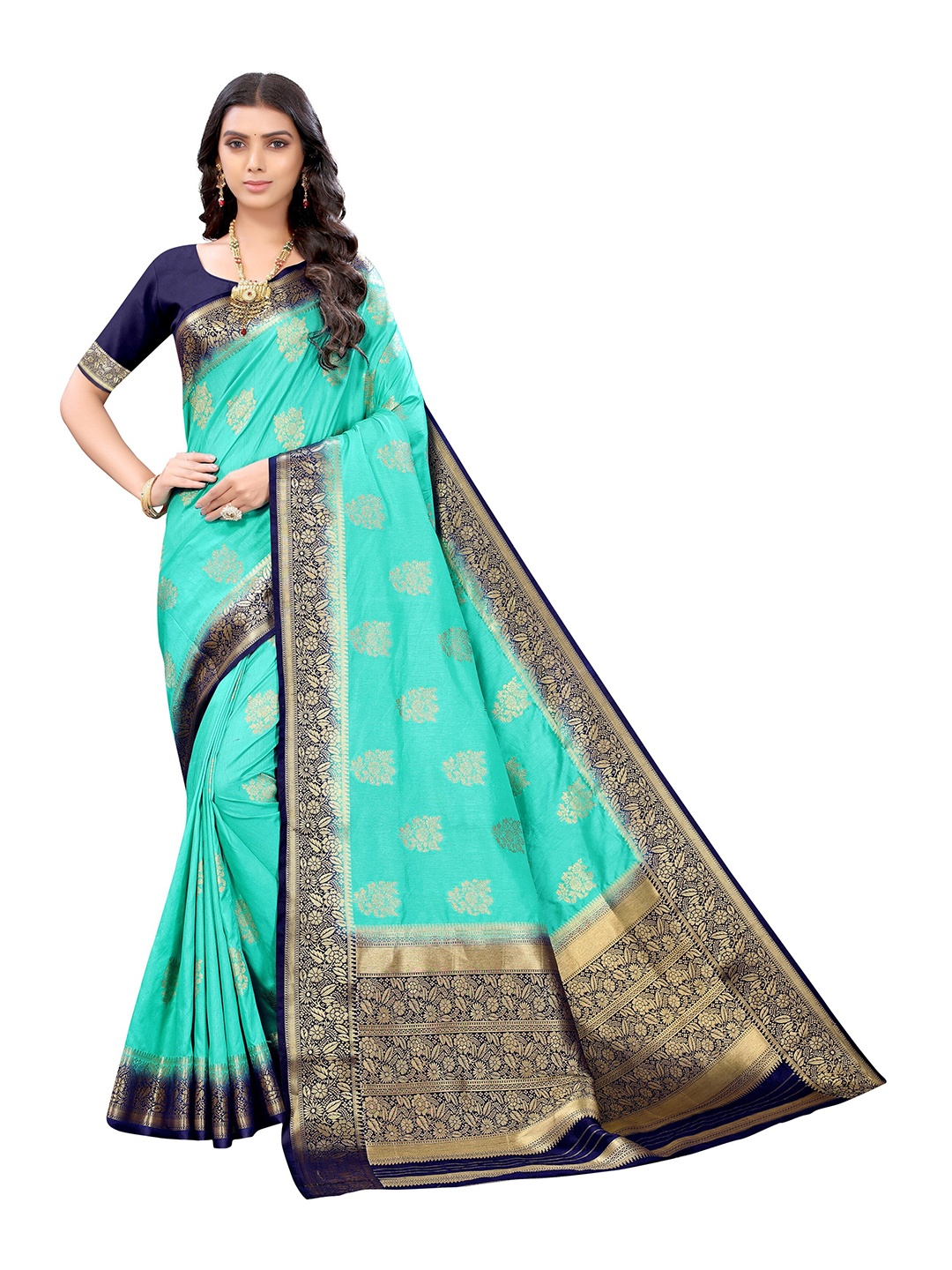 

Nimayaa Blue & Gold-Toned Ethnic Motifs Zari Silk Blend Mangalagiri Saree