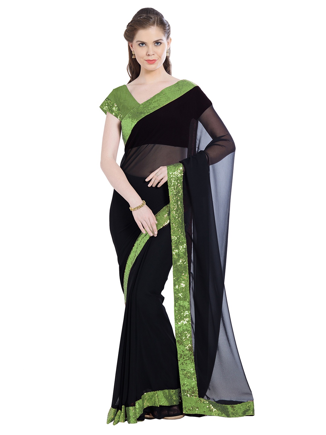 

Nimayaa Black & Green Sequinned Saree