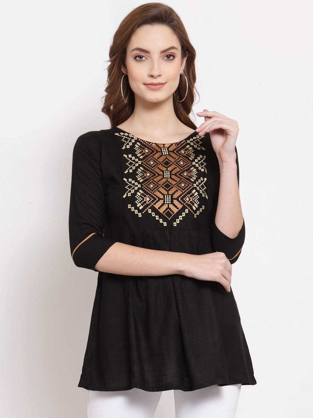 

SERONA FABRICS Black & Brown Geometric Embroidered Kurti